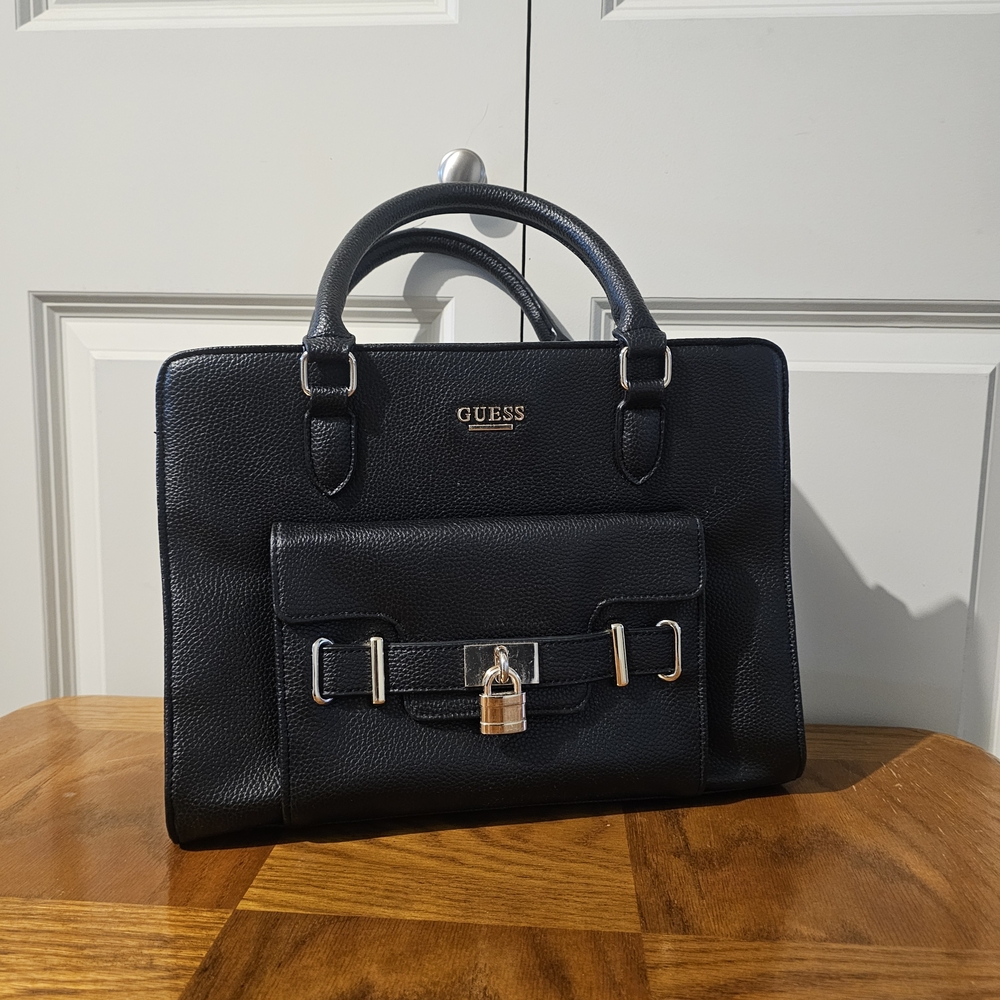 GUESS Black Pebbled Leather Satchel with Padlock Detail